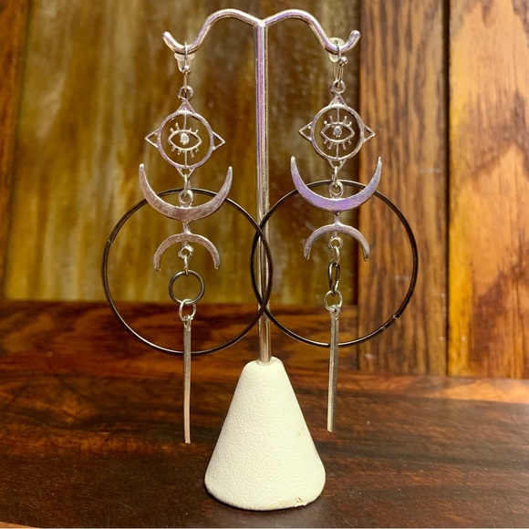 Celestial Geometric Evil Eye Mixed Metal Dangle Earrings - Picture 2 of 6